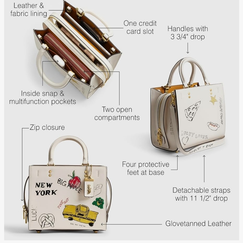 Coach Rogue 25 NYC Sketch Print Leather Satchel Crossbody Bag Chalk White - Picture 4 of 16